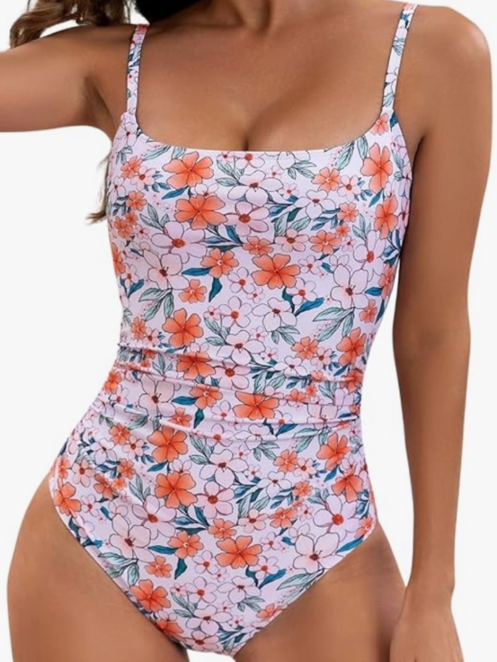 EoMENIE Women's 1-Piece Tummy Control Ruched Scoop Long Torso Adjustable straps
